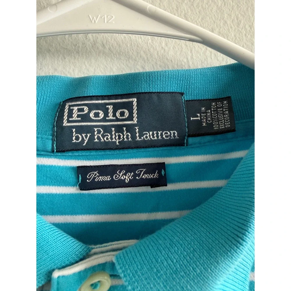 Polo Ralph Lauren Mens Large Pima Soft Touch Striped Polo Shirt Turquoise Blue